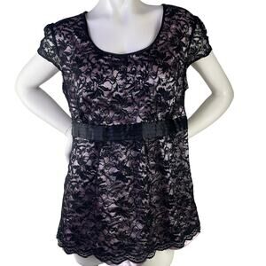 Motherhood Maternity Women Stretchy Cap Sleeve Tie Front Lace Peplum Top Black L